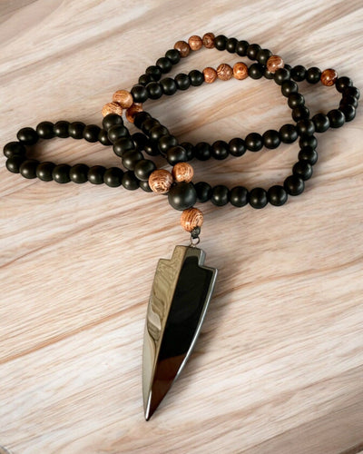 Strzała Mocy, Collier avec Obsidienne Noire et Perles en Bois, personnalisation avec gravure pour cadeau