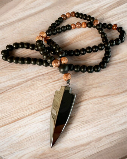 Strzała Mocy – Ketting met Zwarte Obsidiaan en Houten Kralen, personalisatie met gravure als cadeau