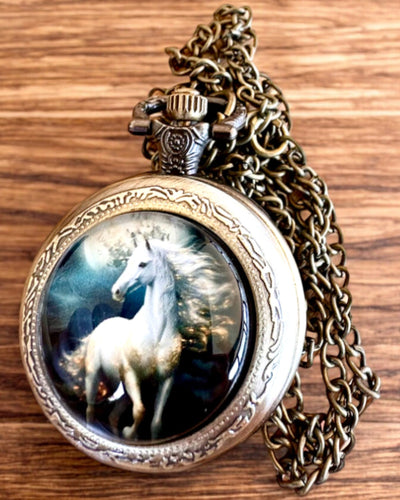 Taschenuhr Unicorn Elegance mit Kette, Einhorn-Motiv, kostenlose Gravur auf Bestellung