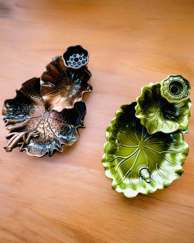 Elegant Metal Lotus Leaf Incense Holder - 4 variants to choose from, personalization with engraving available for a gift