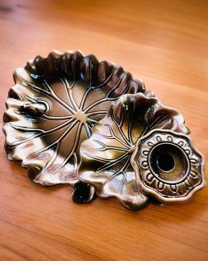 Élégant Porte-Encens en Métal Feuille de Lotus - 4 variantes au choix, possibilité de personnalisation par gravure pour cadeau