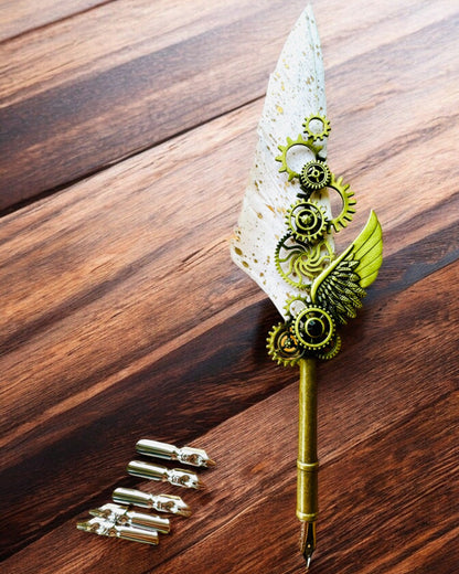 Stylo Calligraphique "Élégance Steampunk" avec Plume de Dinde - Fait Main 5 variantes au choix, personnalisation par gravure pour cadeau