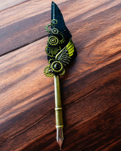 Stylo Calligraphique "Élégance Steampunk" avec Plume de Dinde - Fait Main 5 variantes au choix, personnalisation par gravure pour cadeau