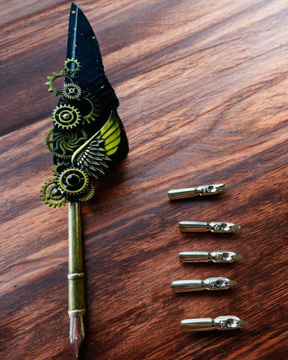 Stylo Calligraphique "Élégance Steampunk" avec Plume de Dinde - Fait Main 5 variantes au choix, personnalisation par gravure pour cadeau