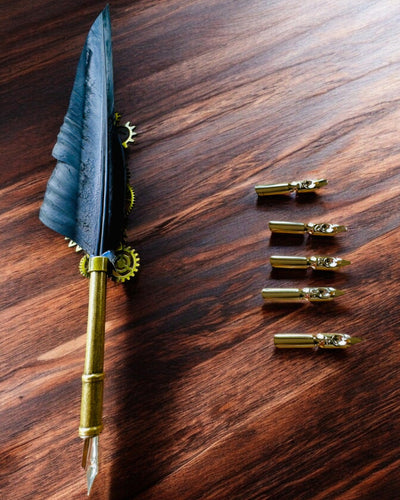"Steampunk Elegance" Calligraphy Pen with Turkey Feather - Handcrafted, 5 Variants to Choose From, Custom Engraving for Gift