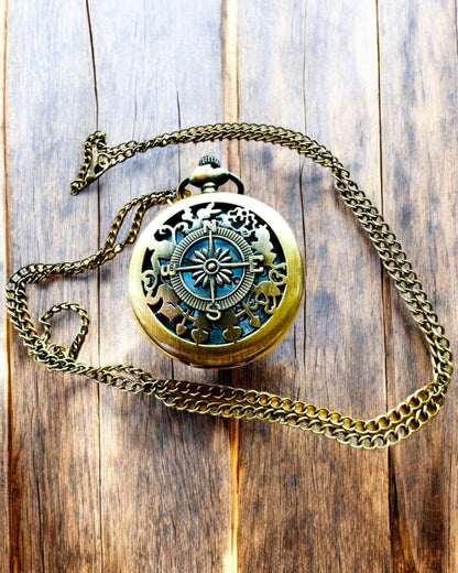 Altmodische Taschenuhr mit Kompassmotiv und Kette, Quarz, Personalisierung mit Gravur