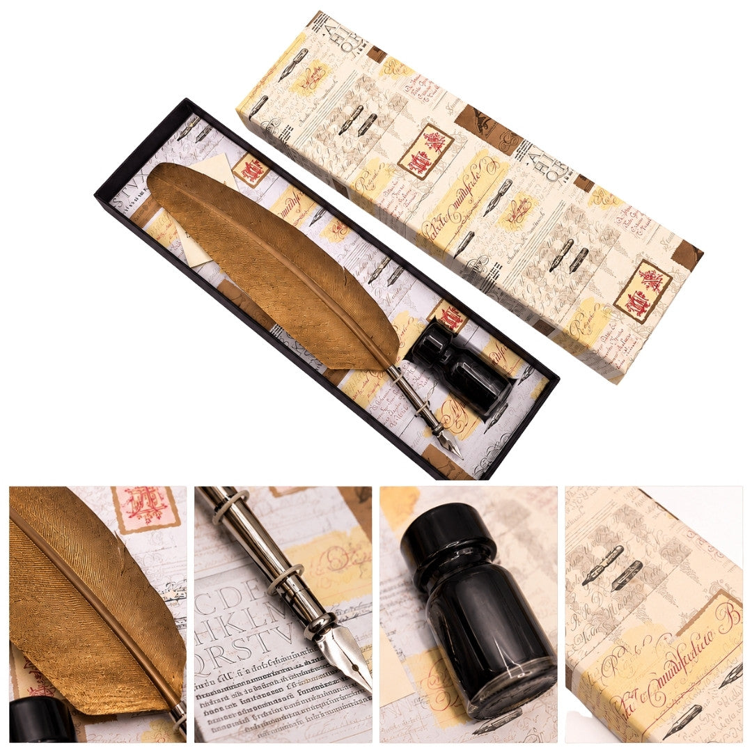 Set de calligraphie - plume d’oie dorée avec plume métallique + encre – 7262