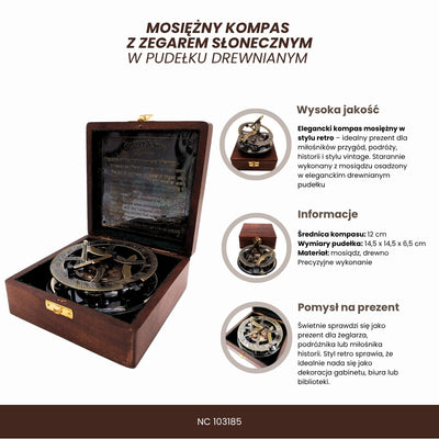 Brass Compass Sundial in a Wooden Box with Engraving Option