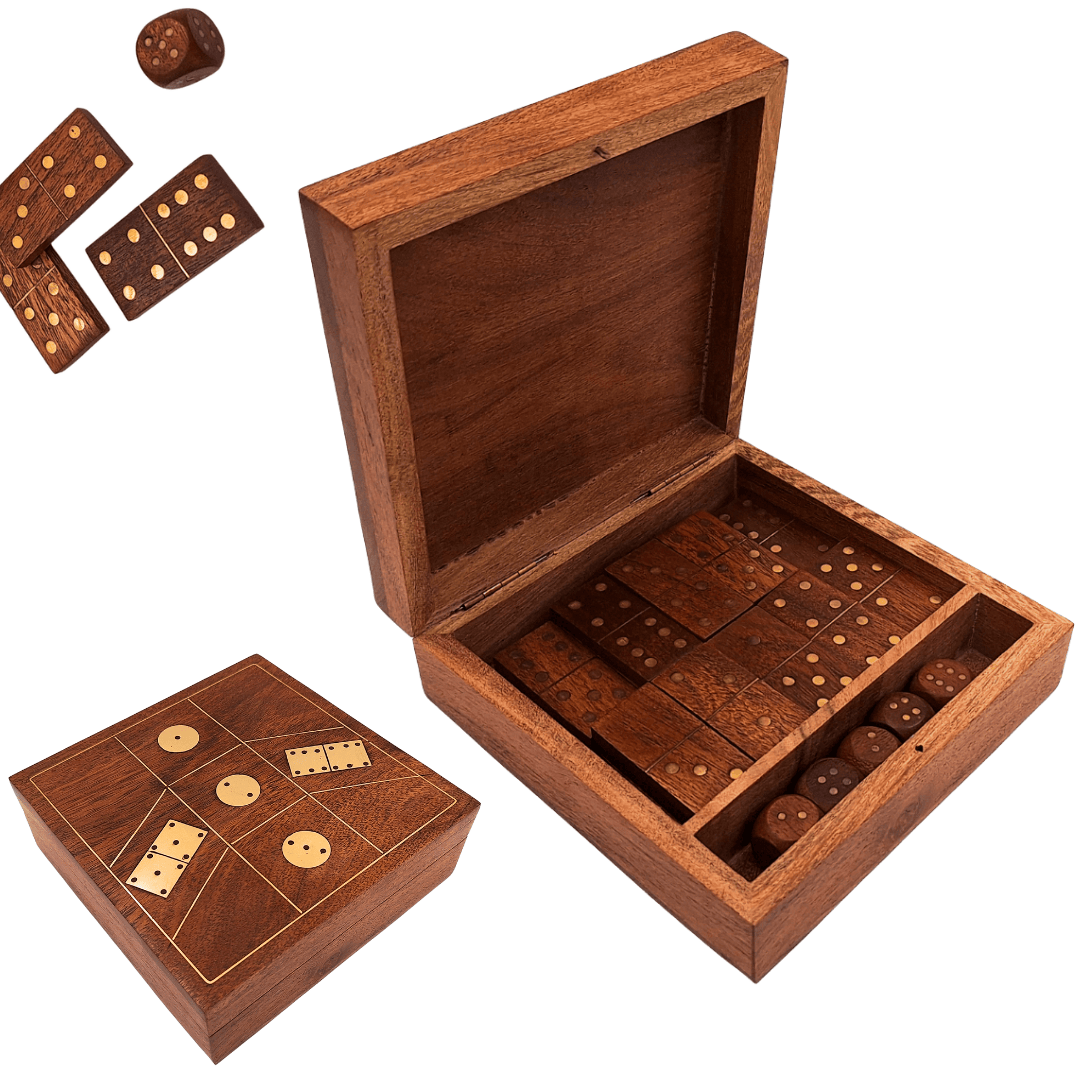 Ensemble de jeux - domino et dés à jouer dans une boîte en bois - DO-002