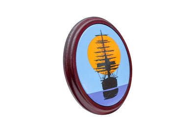 Tableau voilier au coucher du soleil - cadre en bois - plaque émaillée - décoration marine