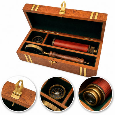 Coffret cadeau rétro exclusif – Longue-vue, boussole et loupe - NC102369