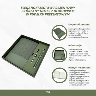 Elegante geschenkset - leren notitieboek A5 met pen in geschenkdoos - olijfgroen - EE14