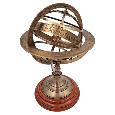 Sphärisches Astrolabium aus Messing auf Holzsockel 28 cm mit Personalisierung durch Gravur