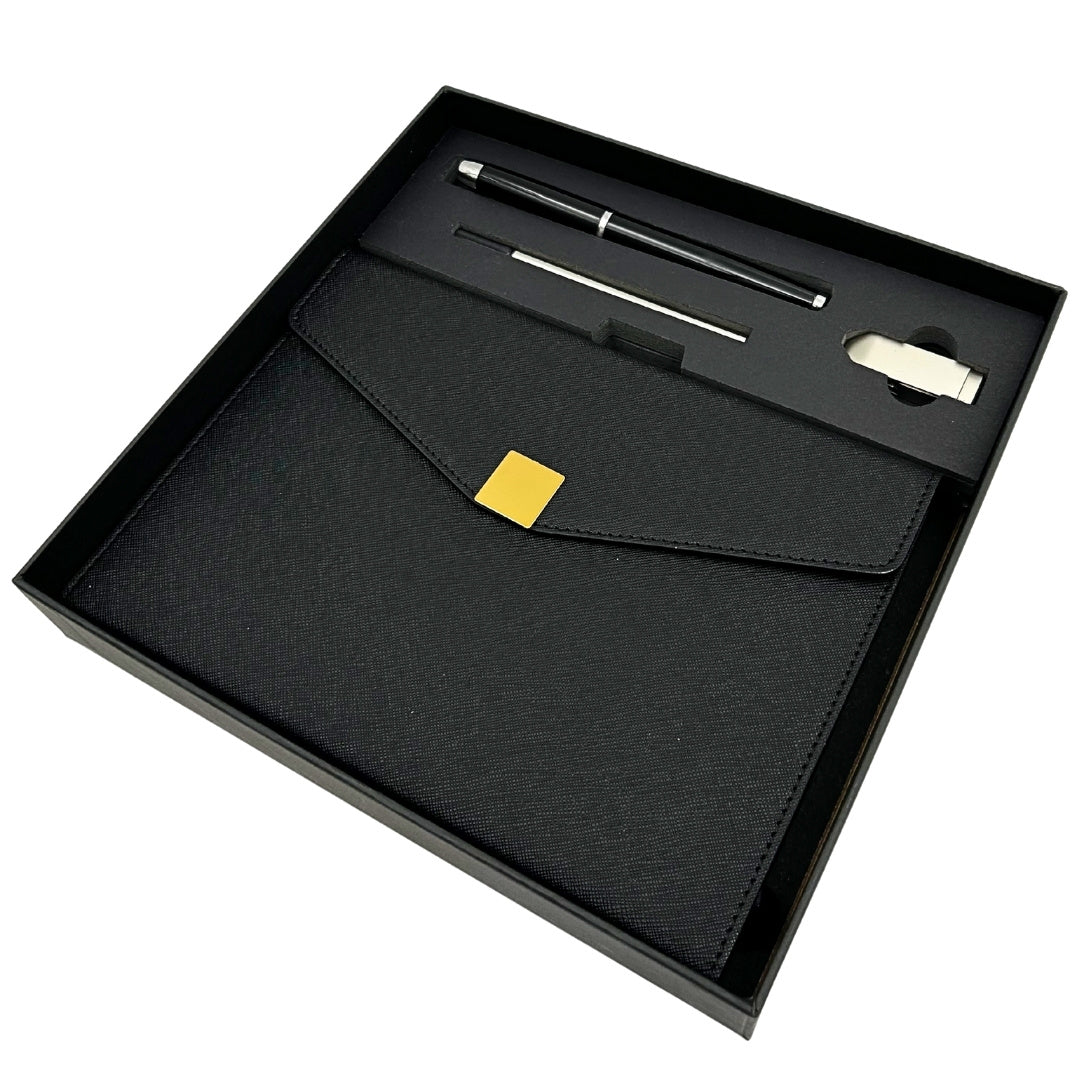 Élégant coffret cadeau premium – carnet A5 avec stylo et clé USB 16GB dans une boîte – noir et or – EE9
