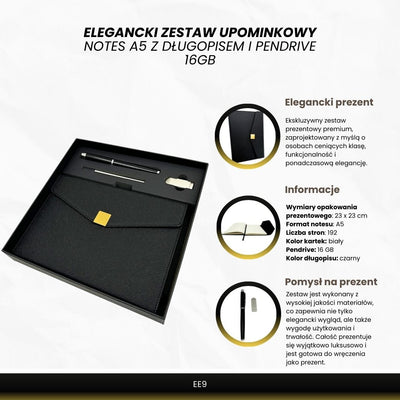 Élégant coffret cadeau premium – carnet A5 avec stylo et clé USB 16GB dans une boîte – noir et or – EE9