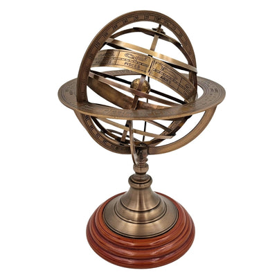 Sphärisches Astrolabium aus Messing auf Holzsockel 28 cm mit Personalisierung durch Gravur