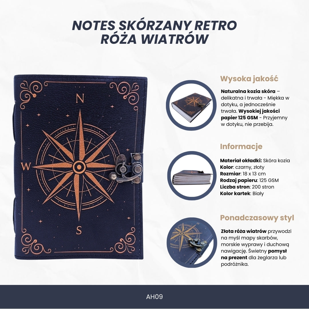 Carnet en cuir Rose des vents rétro – Cadeau pour navigateur - AH09