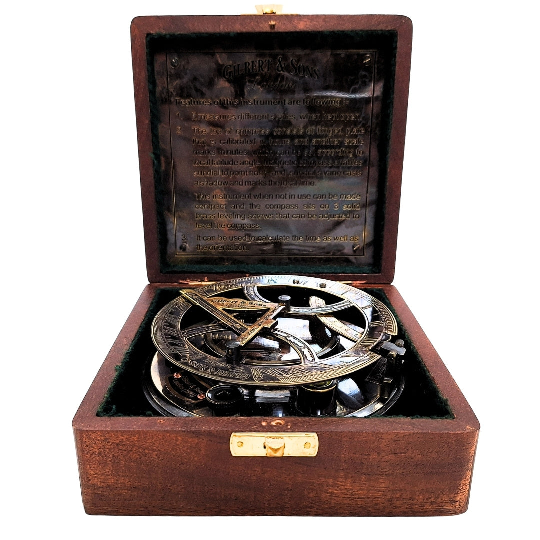 Brass Compass Sundial in a Wooden Box with Engraving Option