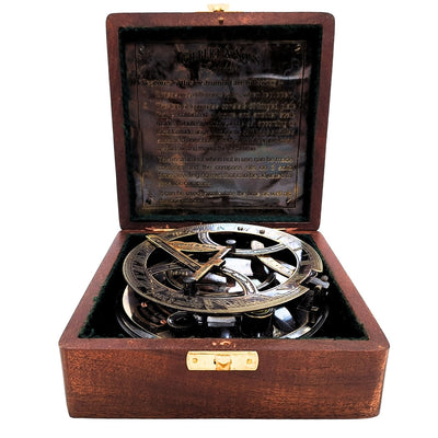 Brass Compass Sundial in a Wooden Box with Engraving Option
