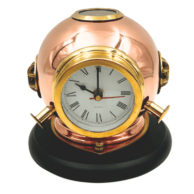 Horloge de bureau en forme de casque de plongeur avec boussole - en laiton sur socle en bois – TC032