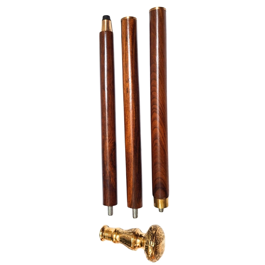 Eleganter faltbarer Gehstock mit Messinggriff - Brauner Holzgehstock mit Gravurmöglichkeit - Ideales Geschenk für Senioren im Retro-Stil - Maximale Länge 96 cm