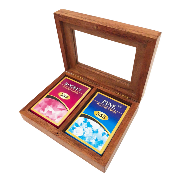 Deux jeux de cartes dans une boîte en bois avec couvercle en verre - DNU-007