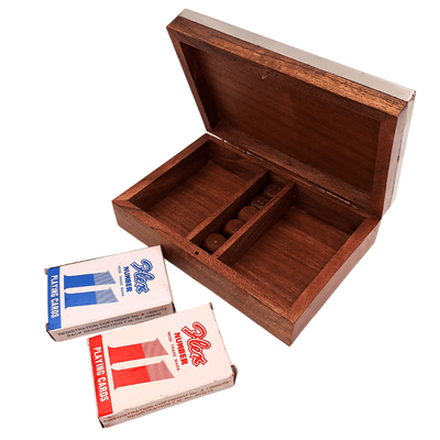 Deux jeux de cartes et dés à jouer dans une boîte en bois avec dessus en aluminium - DC-004