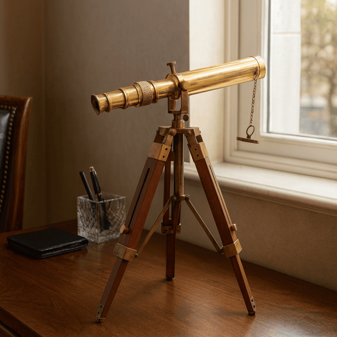 Longue-vue rétro en laiton sur trépied en bois – Hauteur réglable – SR010