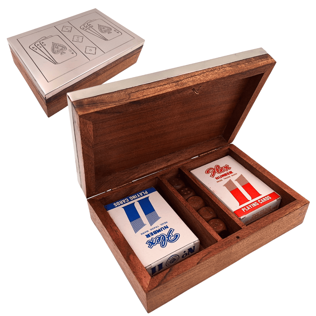 Deux jeux de cartes et dés à jouer dans une boîte en bois avec dessus en aluminium - DC-004