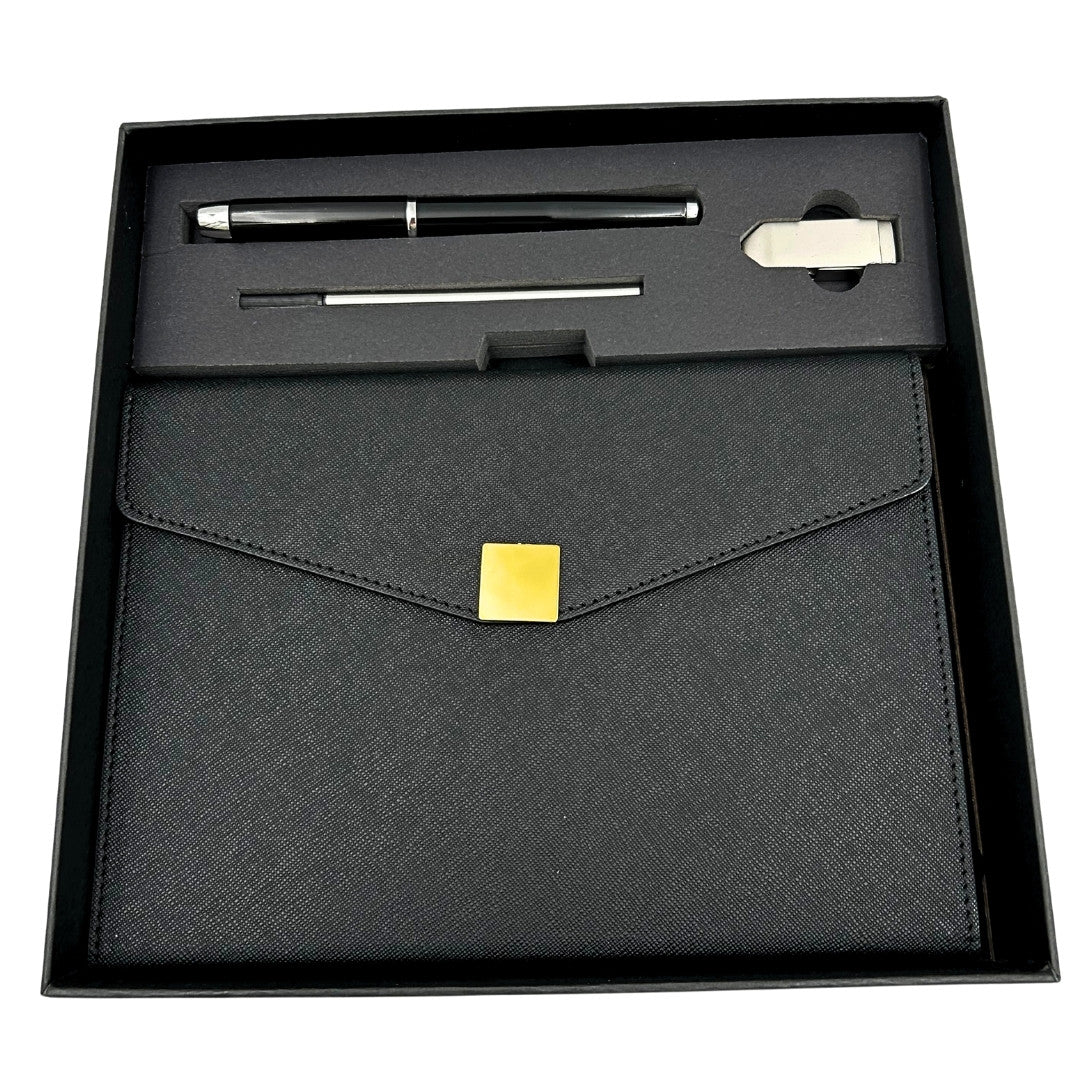 Élégant coffret cadeau premium – carnet A5 avec stylo et clé USB 16GB dans une boîte – noir et or – EE9