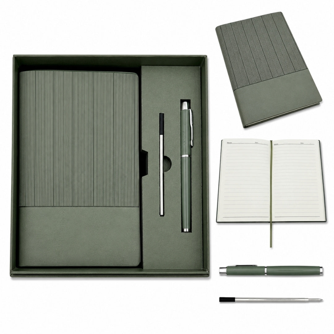 Coffret cadeau élégant - Carnet en cuir A5 avec stylo dans une boîte cadeau - Vert olive - EE14