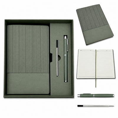 Elegante geschenkset - leren notitieboek A5 met pen in geschenkdoos - olijfgroen - EE14