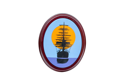 Tableau voilier au coucher du soleil - cadre en bois - plaque émaillée - décoration marine