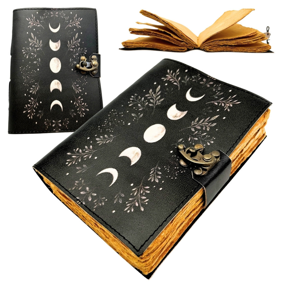 Carnet en cuir rétro avec phases de la Lune – cuir de chèvre, 200 pages, papier 150 GSM – H080