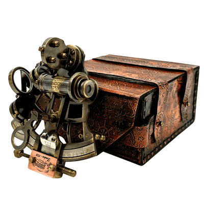 Brass Retro Sextant in Leather Case - Elegant Navigational Instrument with Engraving Option - Ideal Gift for Sailing and History Enthusiasts - Dimensions 13x12x7 cm