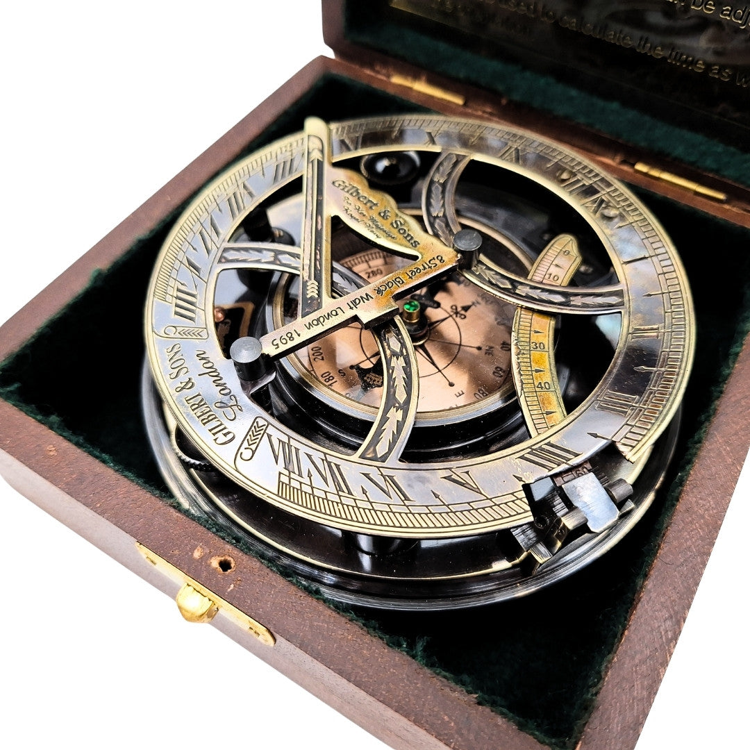 Brass Compass Sundial in a Wooden Box with Engraving Option