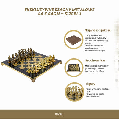 Échiquier métallique exclusif – Plateau d’échecs en laiton 44 x 44cm – Moyen Âge – S12CBLU