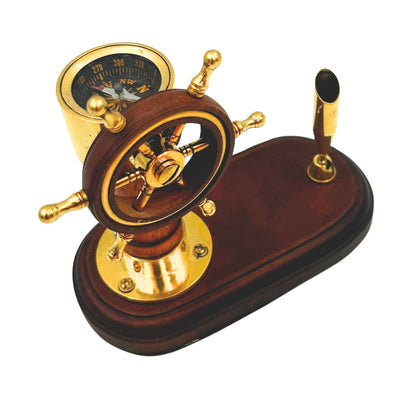 Élégant ensemble de bureau avec roue de gouvernail et boussole avec porte-stylo – Bois et laiton – TT017
