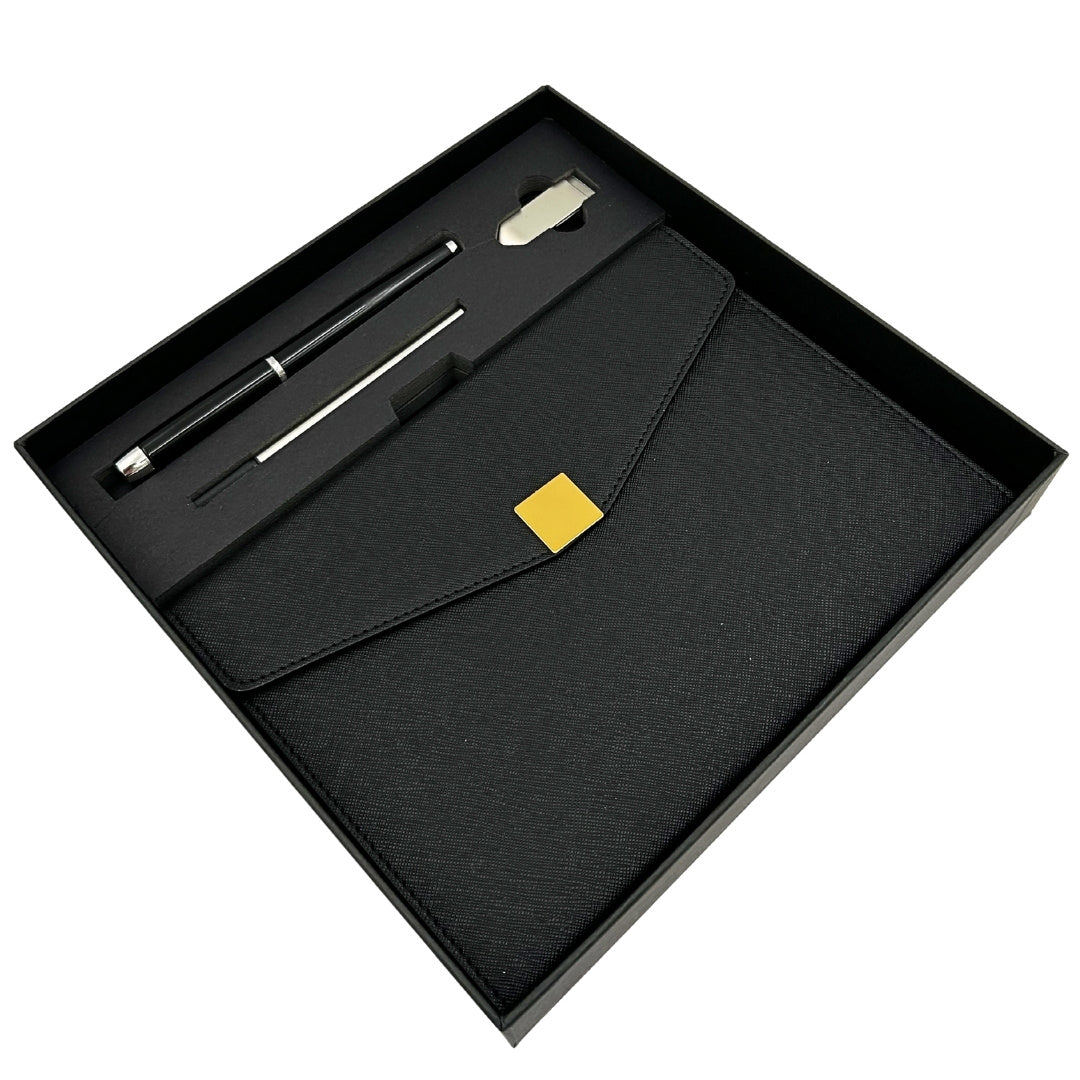Élégant coffret cadeau premium – carnet A5 avec stylo et clé USB 16GB dans une boîte – noir et or – EE9