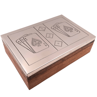 Deux jeux de cartes et dés à jouer dans une boîte en bois avec dessus en aluminium - DC-004