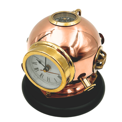 Horloge de bureau en forme de casque de plongeur avec boussole - en laiton sur socle en bois – TC032