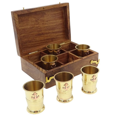 Set of 6 Metal Shot Glasses with Anchor in Wooden Box - Perfect Gift with Personalized Engraving Option - Golden Brass, 50ml Capacity, Elegant Design for Nautical Enthusiasts