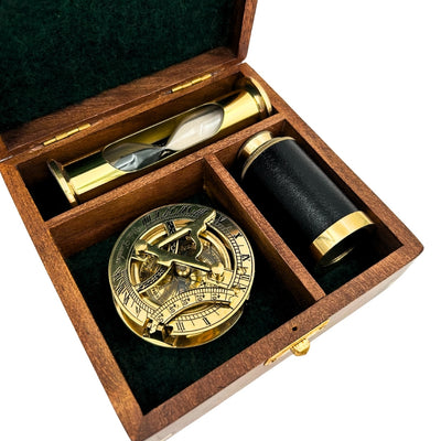 Retro Gift Set with Engraving – Brass Compass, Folding Telescope, Hourglass in a Wooden Box