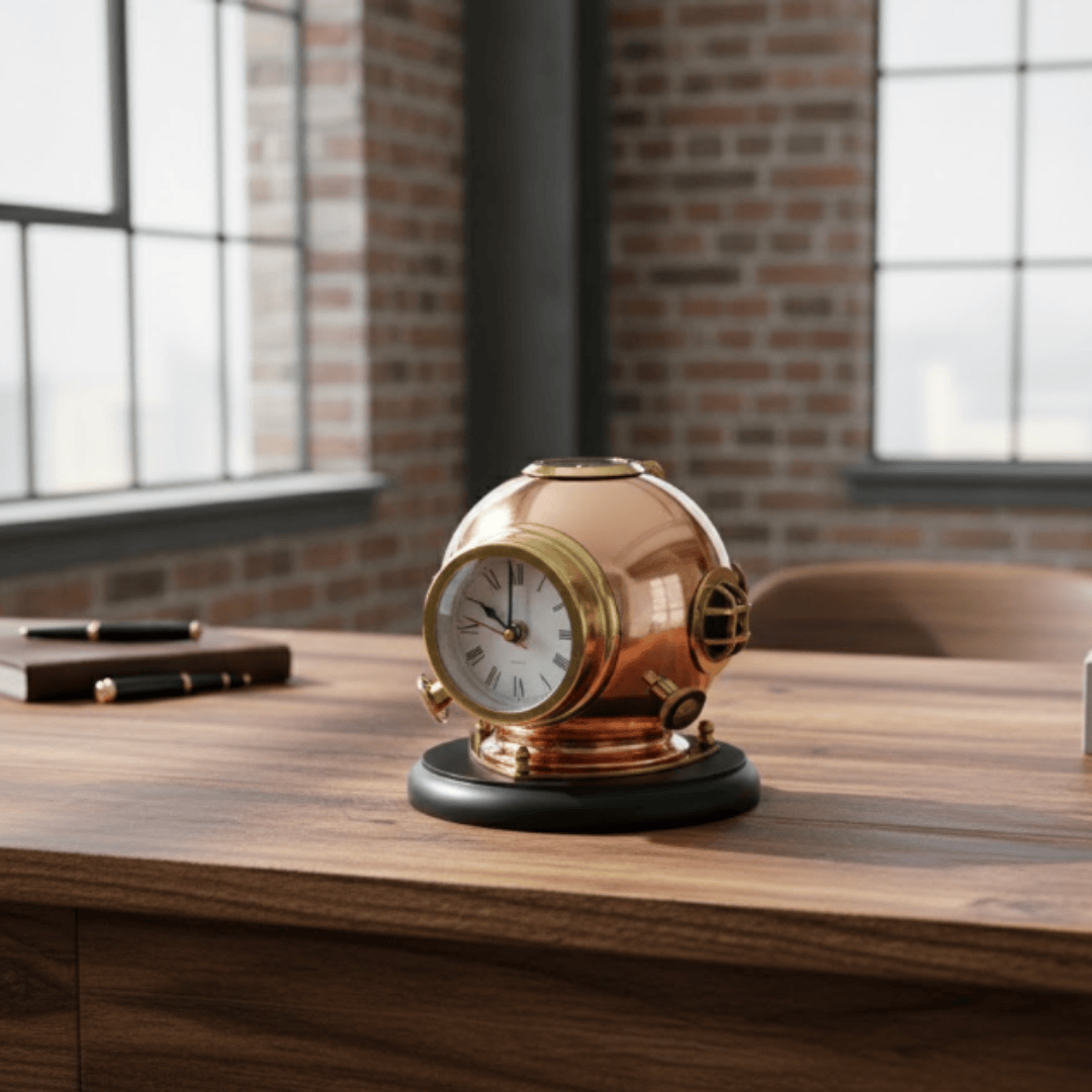 Horloge de bureau en forme de casque de plongeur avec boussole - en laiton sur socle en bois – TC032