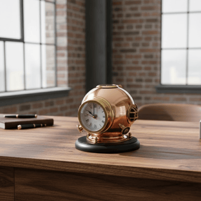 Horloge de bureau en forme de casque de plongeur avec boussole - en laiton sur socle en bois – TC032