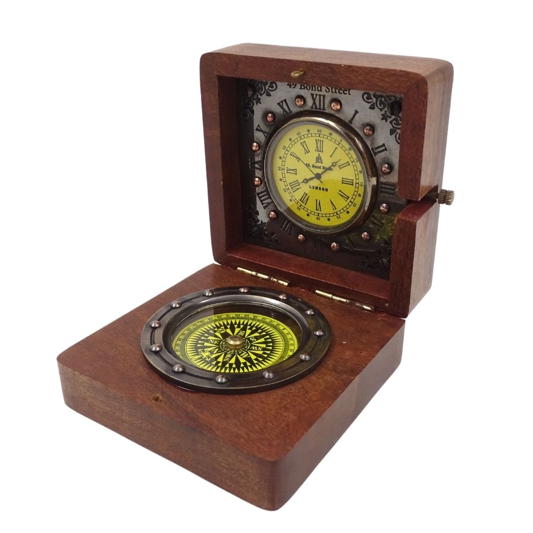 Retro Compass and Clock in a Wooden Box with Custom Engraving