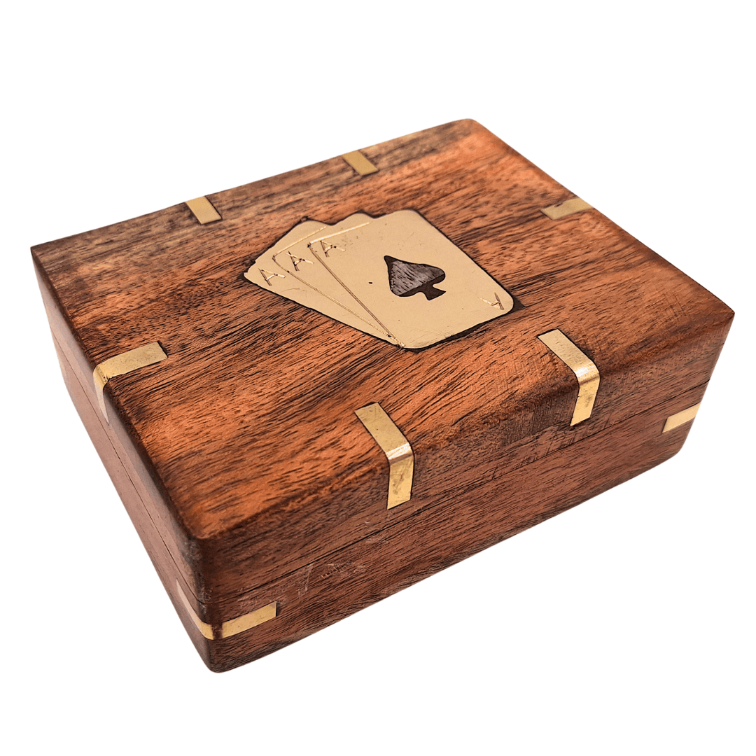 Jeu de cartes dans une boîte en bois avec ornements en laiton - CS-005