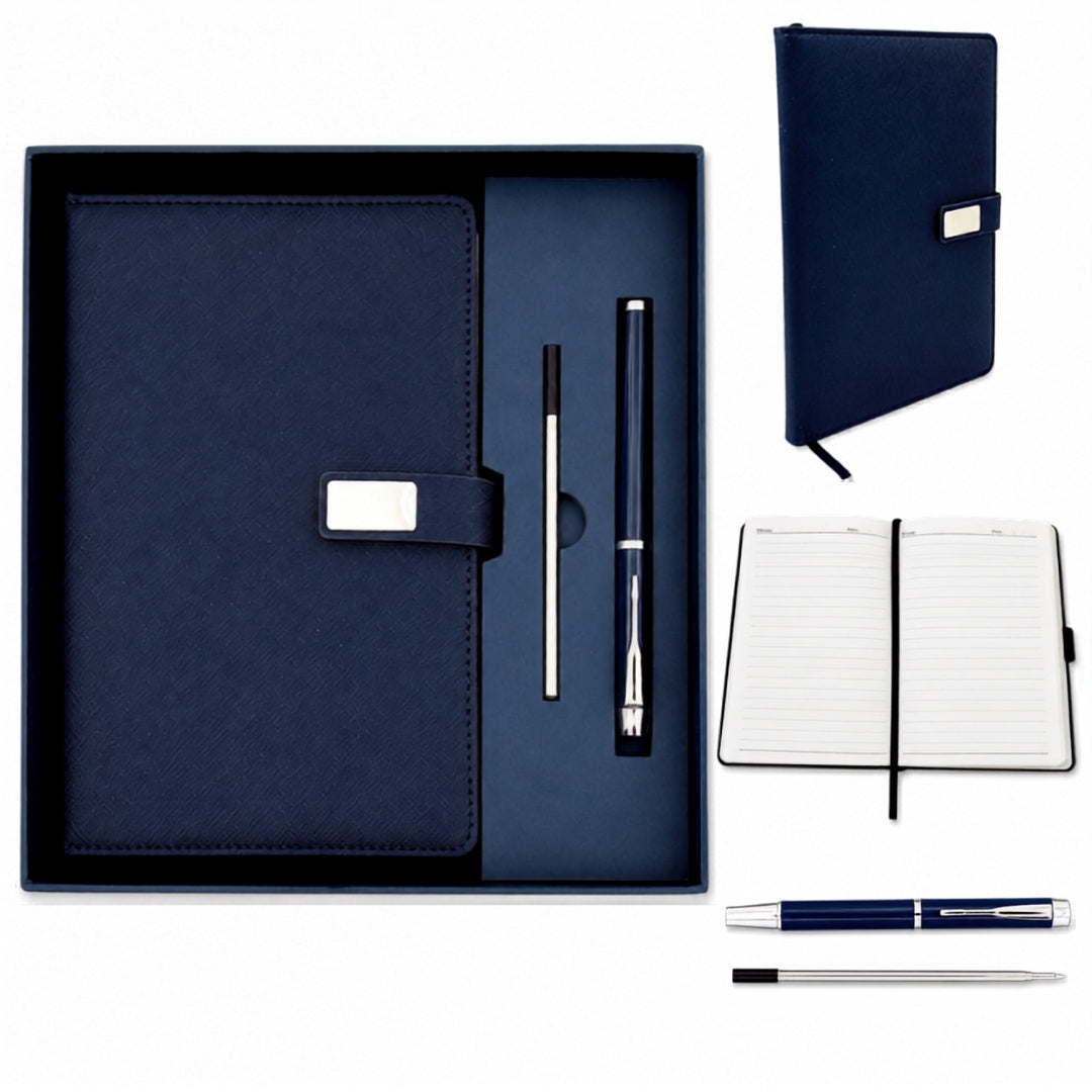 Coffret cadeau élégant carnet en cuir bleu marine A5 avec stylo dans une boîte cadeau - EE13