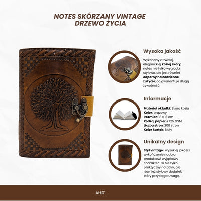 Notes Skórzany Vintage Retro 200 stron – Drzewo Życia - AH01