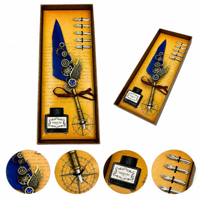 Retro-Kalligrafie-Set mit blauer Gänsefeder, Vintage, 6 Federspitzen, Tinte, Geschenk – EE11